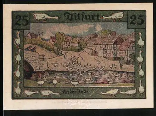Notgeld Ditfurt 1921, 25 Pfennig, Bode-Partie mit Gänsen