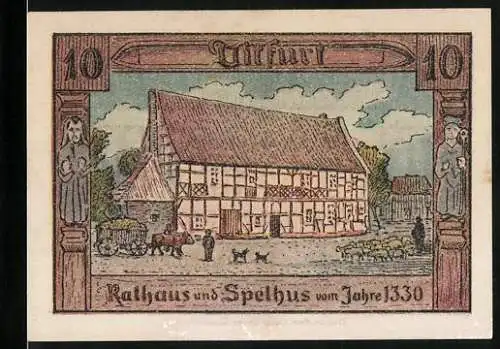 Notgeld Ditfurt 1921, 10 Pfennig, Rathaus und Spelhus 1330, Säulenfiguren