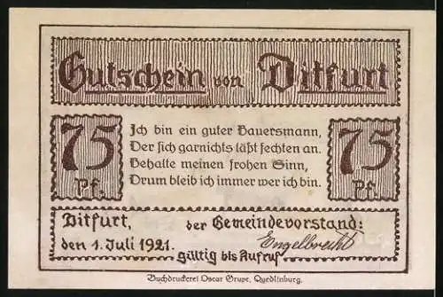 Notgeld Ditfurt 1921, 75 Pfennig, Ditfurt vor 1000 Jahren
