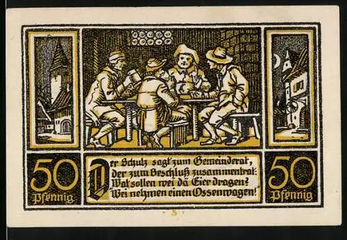 Notgeld Ditfurt 1921, 50 Pfennig, Gemeinderat beim Beschluss, Ortspartie