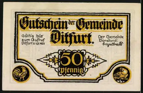 Notgeld Ditfurt 1921, 50 Pfennig, Gemeinderat beim Beschluss, Ortspartie