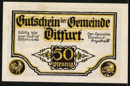 Notgeld Ditfurt 1921, 50 Pfennig, Bauern mit Eiern am Steuertag