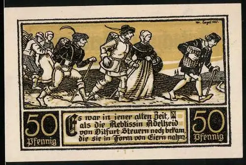 Notgeld Ditfurt 1921, 50 Pfennig, Bauern bringen Eier für Äbtissin Adelheid