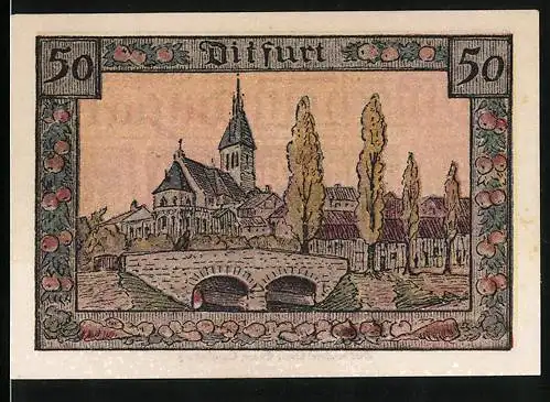 Notgeld Ditfurt 1921, 50 Pfennig, Ortsansicht mit Brücke und Kirche