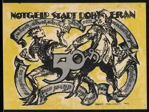Notgeld Doberan, 50 Pfennig, Teufel und Doberaner, Wappen