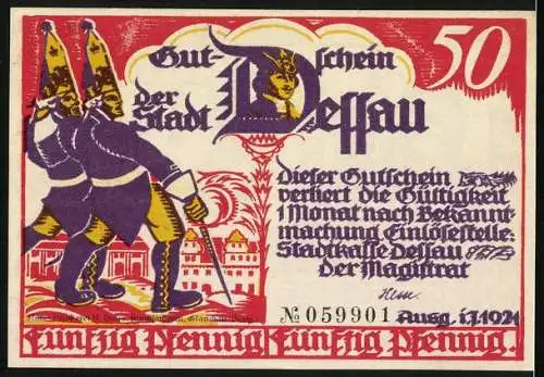 Notgeld Dessau 1921, 50 Pfennig, Anna Liese, Lange Kerls vor der Stadt