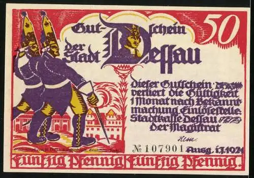 Notgeld Dessau 1921, 50 Pfennig, Friedrich II. auf dem Topfmarkt, Lange Kerls vor der Stadt