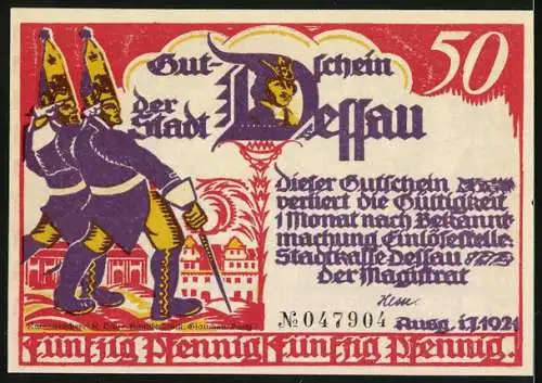 Notgeld Dessau 1921, 50 Pfennig, Marsch mit Musik, Lange Kerls vor der Stadt