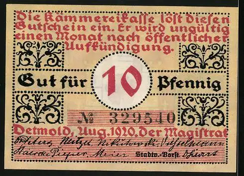 Notgeld Detmold 1920, 10 Pfennig, Wappen, Ornamente