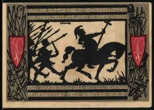 Notgeld Detmold 1920, 50 Pfennig, Wappen, Waffen, Varus auf dem Weg nach Norden