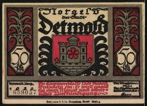 Notgeld Detmold 1920, 50 Pfennig, Wappen, Waffen, Hermannsdenkmal