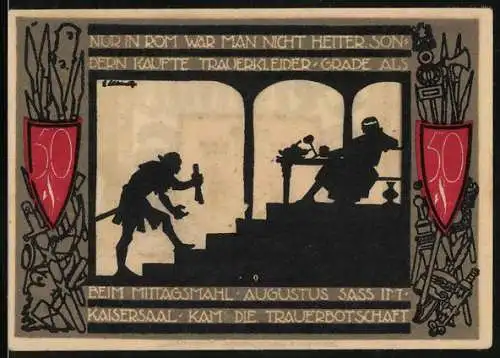 Notgeld Detmold 1920, 50 Pfennig, Wappen, Waffen, Augustus empfängt die Botschaft von der Niederlage