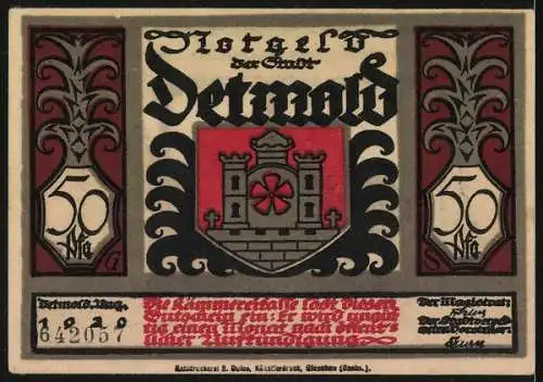 Notgeld Detmold 1920, 50 Pfennig, Wappen, Waffen, Augustus empfängt die Botschaft von der Niederlage