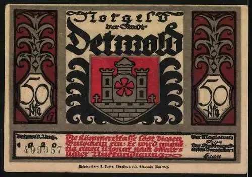 Notgeld Detmold 1920, 50 Pfennig, Wappen, Waffen, Germane im Teutoburger Wald