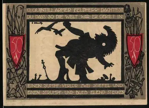 Notgeld Detmold 1920, 50 Pfennig, Wappen, Waffen, Römischer Feldherr im Sumpf