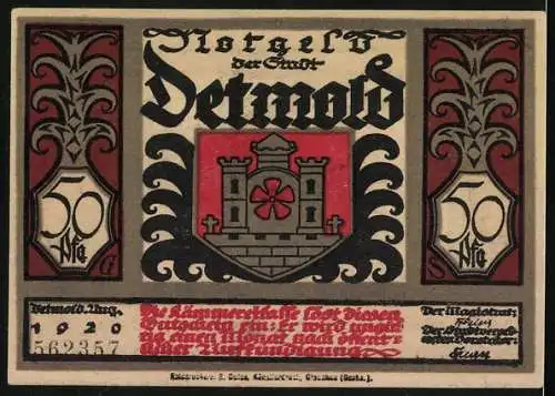 Notgeld Detmold 1920, 50 Pfennig, Wappen, Waffen, Römischer Feldherr im Sumpf