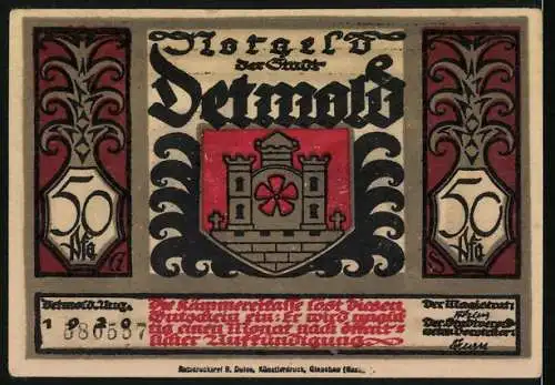 Notgeld Detmold 1920, 50 Pfennig, Wappen, Waffen, Römischer Feldherr verlangt den Freitod