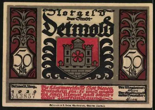 Notgeld Detmold 1920, 50 Pfennig, Wappen, Waffen, Sieg der Etrusker