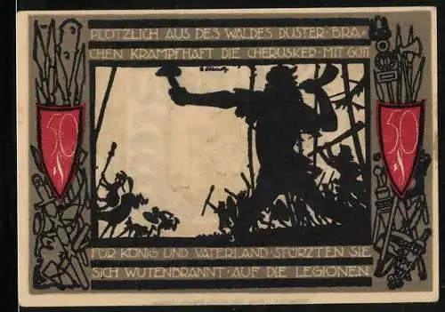 Notgeld Detmold 1920, 50 Pfennig, Wappen, Waffen, Szene aus der Varusschlacht