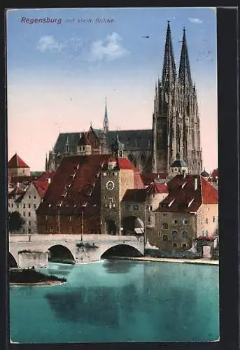 AK Regensburg, Ortsansicht mit Dom und stein. Brücke