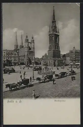 AK Halle a. S., Belebte Szene am Marktplatz