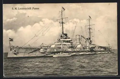 AK Kriegsschiff S. M. Linienschiff Posen mit kleinem Boot daneben