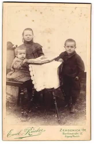 Fotografie Emil Rücker, Zehdenick i. M., Berlinerst. 17 Eingang Poststrasse, Drei modisch gekleidete Kinder mit Album