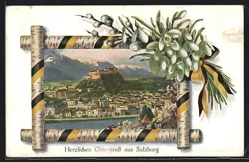 Passepartout-AK Salzburg, Ortsansicht im Birkenrahmen, Schneeglöckchen, Ostergruss