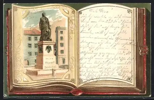 Passepartout-Lithographie Salzburg, Mozartdenkmal in einem aufgeschlagenen Tagebuch