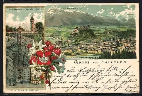 Lithographie Salzburg, Gasthaus Restauration auf dem Mönchsberg, Gesamtansicht, Wappen