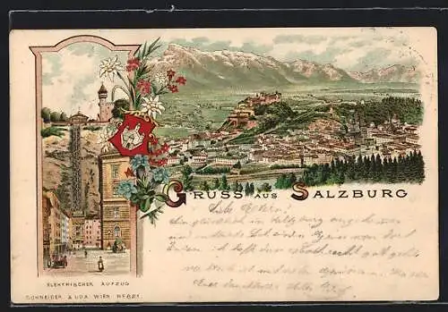 Lithographie Salzburg, Elektrischer Aufzug zum Schloss, Gesamtansicht aus der Vogelschau