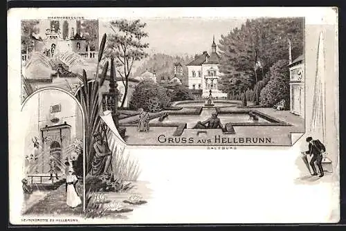 Lithographie Salzburg, Schloss Hellabrunn, Neptungrotte und Marmorbassins