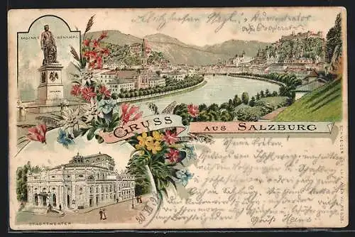 Vorläufer-Lithographie Salzburg, 1894, Mozart-Denkmal., Stadttheater, Ortsansicht mit Fluss und Burg