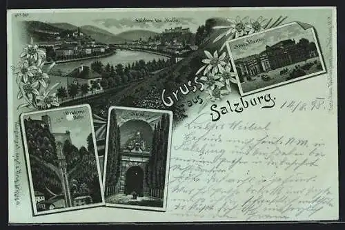 Mondschein-Lithographie Salzburg, Ortsansicht von Mülln, Drahltseilbahn, Neuthor