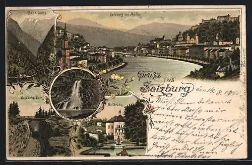 Lithographie Salzburg, Hellbrunn, Gausberg-Bahn, Pass Lueg