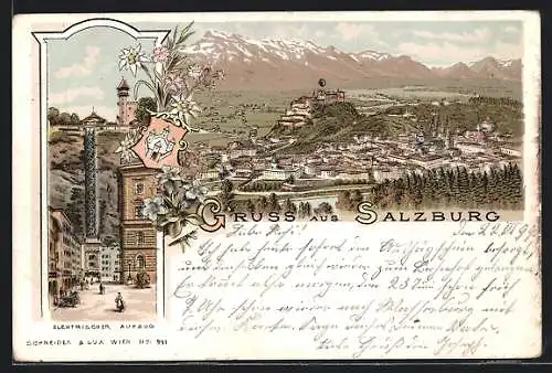 Lithographie Salzburg, Elektrischer Aufzug, Wappen, Gesamtansicht
