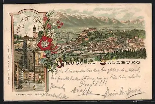 Vorläufer-Lithographie Salzburg, 1895, Elektrischer Aufzug, Wappen, Gesamtansicht