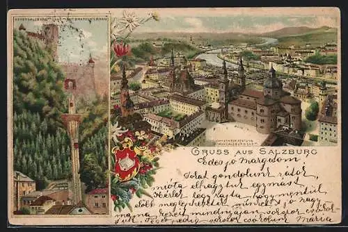 Lithographie Salzburg, Ortsansicht von der Hohensalzburg, Hohensalzburg mit Drahtseilbahn, Wappen