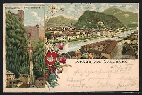 Lithographie Salzburg, Burg Hohensalzburg mit Drahtseilbahn, Kapuzinerberg