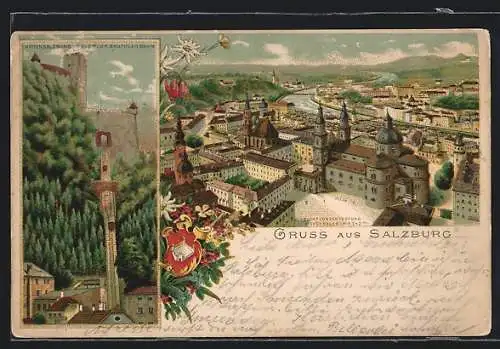 Lithographie Salzburg, Aussicht von der Festung Hohensalzburg, Drahtseilbahn und Festung