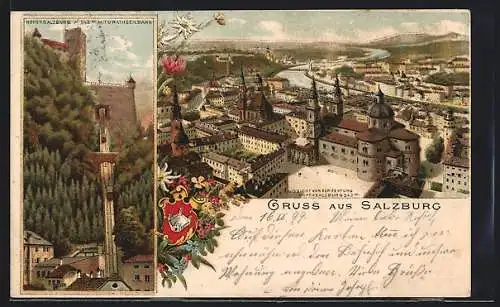 Lithographie Salzburg, Aussicht von der Festung Hohensalzburg, Drahtseilbahn und Festung