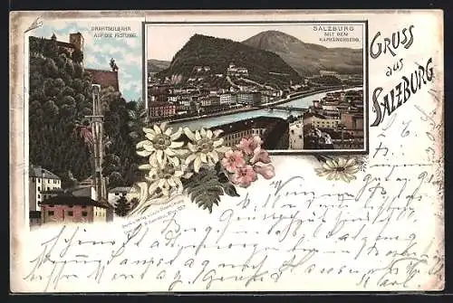 Lithographie Salzburg, Totalansicht, Drahtseilbahn auf die Festung