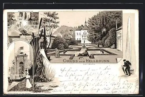 Lithographie Salzburg, Schloss Hellbrunn, Marmorbassin, Nepzungrotte