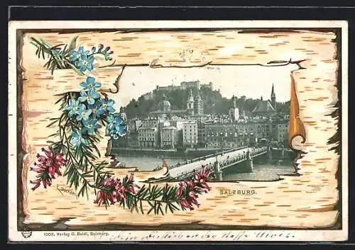 Passepartout-Lithographie Salzburg, Teilansicht mit Brücke und Burg im Birkenrinden-Rahmen, Blumen