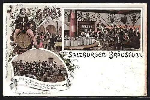 Lithographie Salzburg, Gasthof Salzburger Bräustübl, Gastraum, König Gambinius auf Holzfass