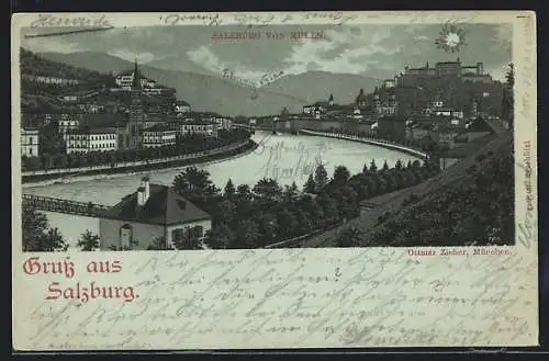 Mondschein-Lithographie Salzburg, Ortsansicht von Mülln, mit Brücke