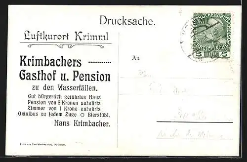 Künstler-AK Krimml, Strasse nach den Wasserfällen mit Schabmayr`s Gasthaus