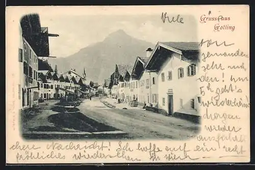 AK Golling, Strassenpartie mit Blick auf Bergspitze
