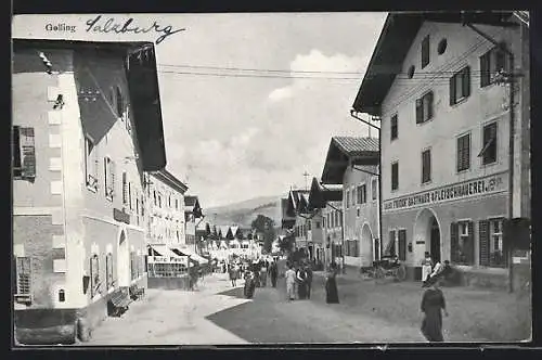 AK Golling, Strassenpartie am Gasthaus Frickh und Gasthof Alte Post