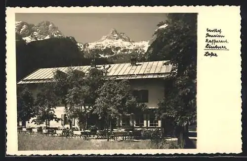 Foto-AK Lofer, Gasthof-Pension Kaffeerast Lintner vor Berggipfeln